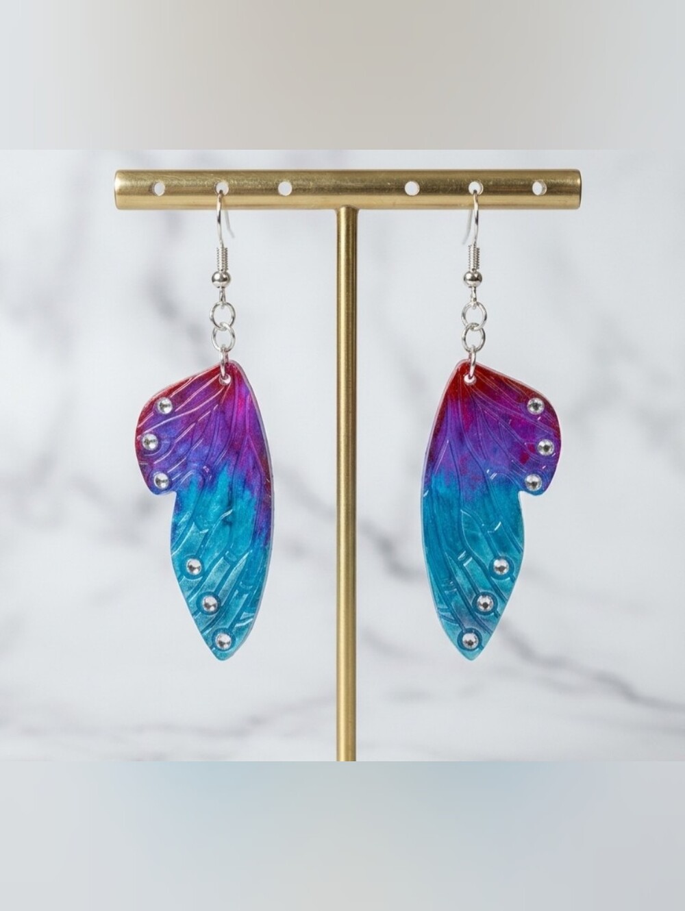 Resin Butterfly Wing Earrings • Rhinestone Galaxy Fairy Dangles